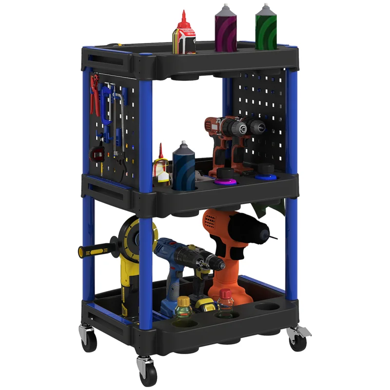 3-Tier Rolling Tool Cart, 200 LBS Capacity Plastic Utility Cart with Side Shelves for Garage Workshop, Black & Dark Blue