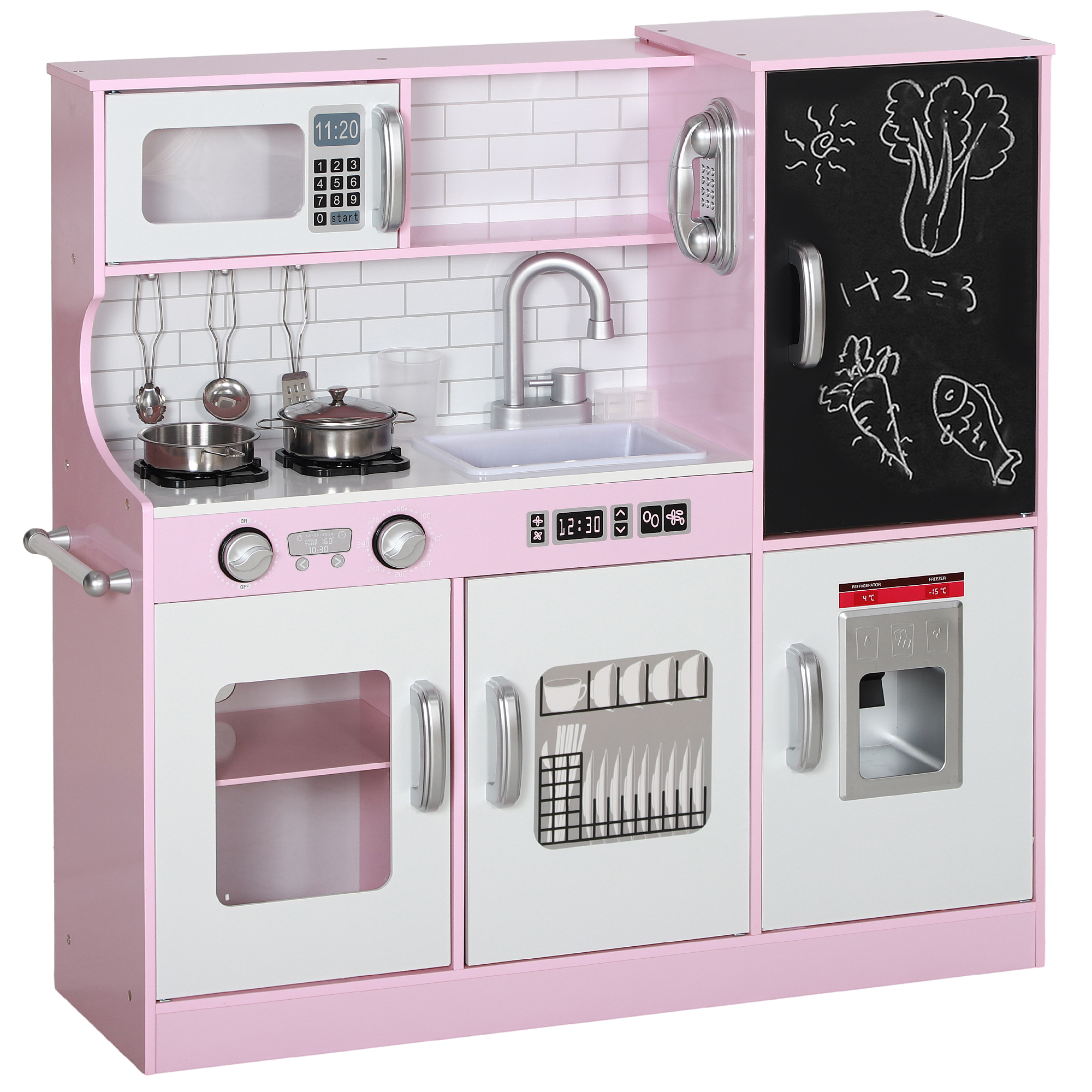 Pretend Play Kitchen, Kids Kitchen Playset with Play Phone, Chalkboard, Towel Rack & Ice Maker for 3-8 Years Pink