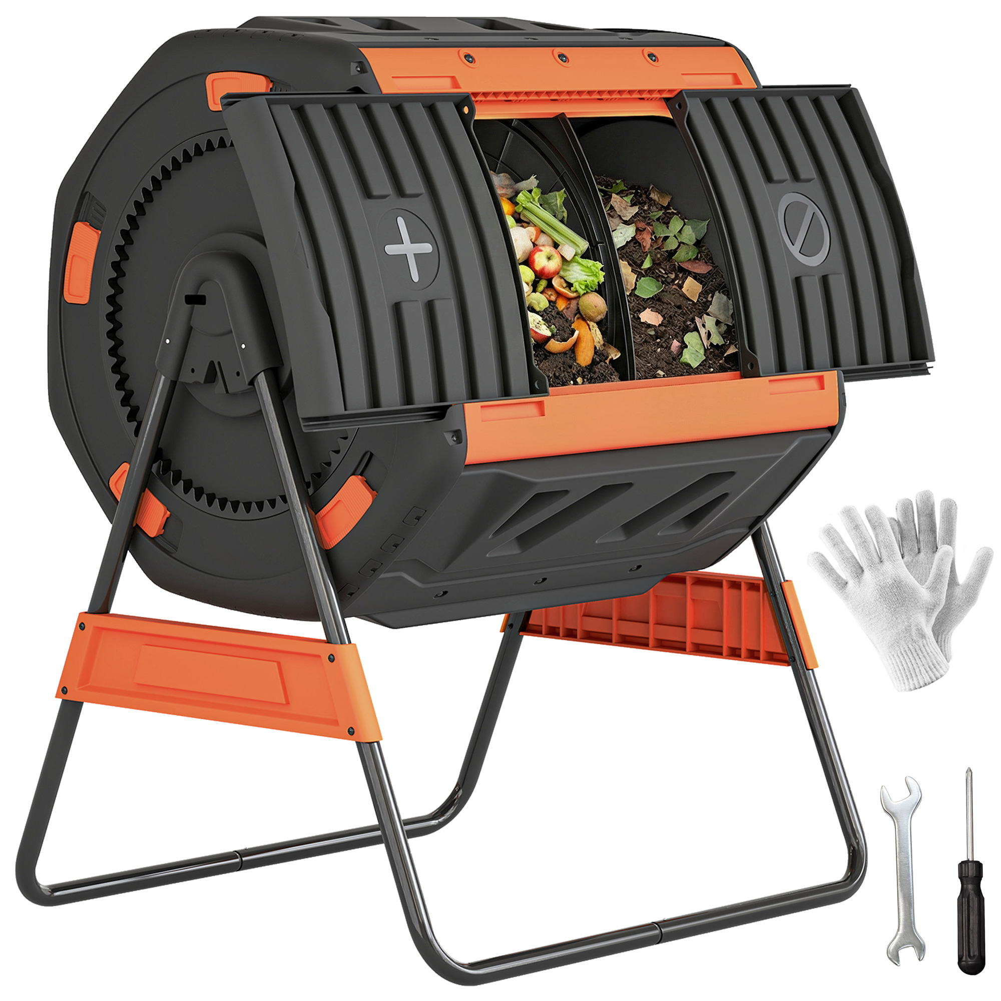 Compost Bin Outdoor, 53 Gal Dual Chamber Tumbling Composter with Adjustable Vents, BPA Free Tumbling Composter, Orange