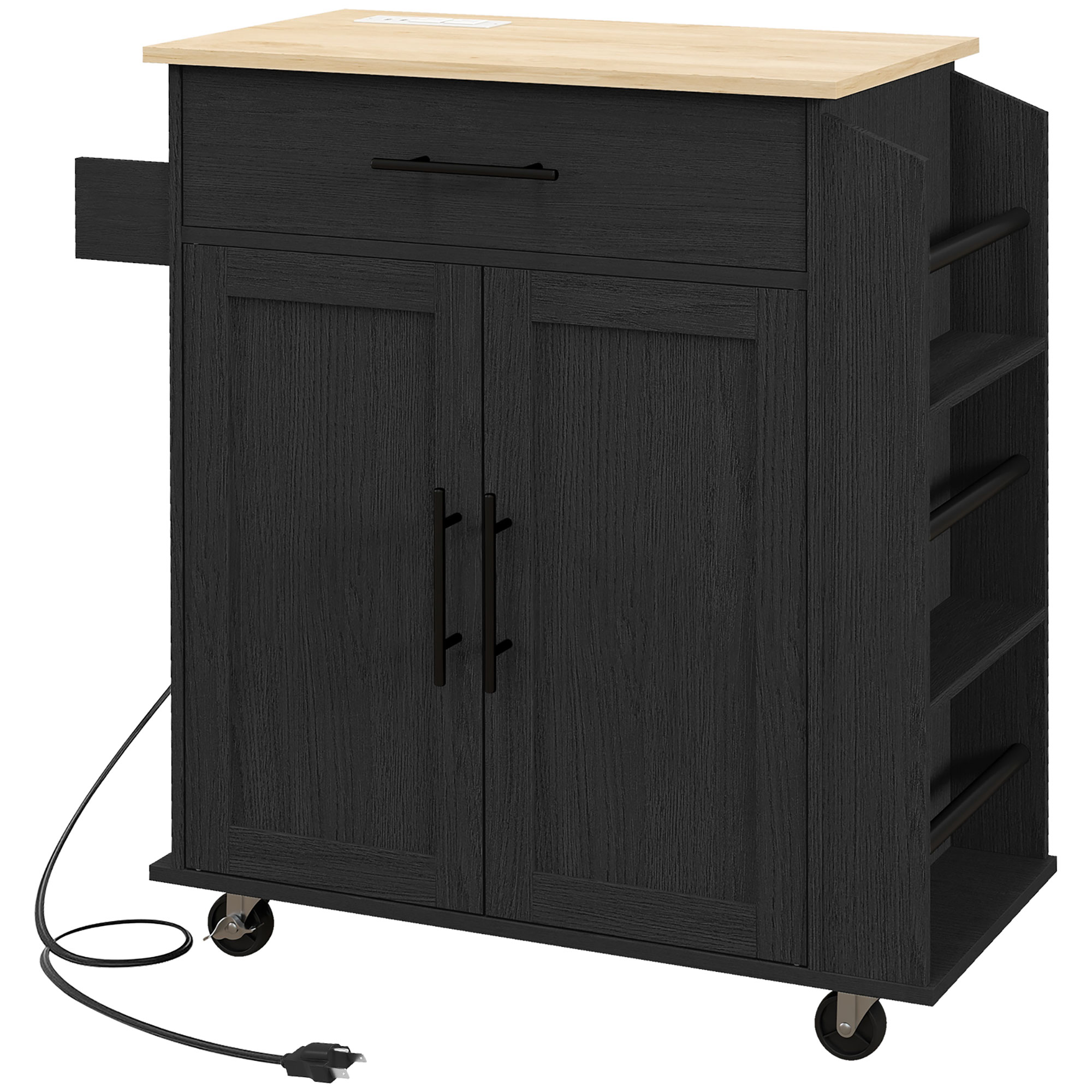 Rolling Island with Wheels for Kitchen, Kitchen Island on Rollers with Power Outlets, Drawer, and Doors, Black