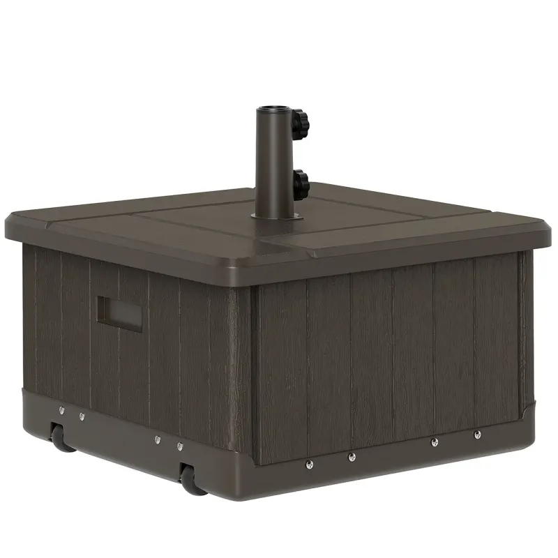 3-in-1 Outdoor Umbrella Base with Wheels and Handles, End Table, Flower Box Planter with Hole, 175 lbs. Capacity, Brown