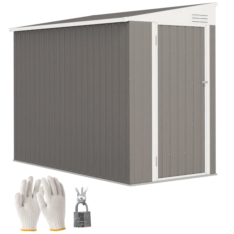 4' x 8' Lean to Garden Storage Shed, Outdoor Metal Tool House with Lockable Door Vents for Backyard Patio Lawn, Light Gray