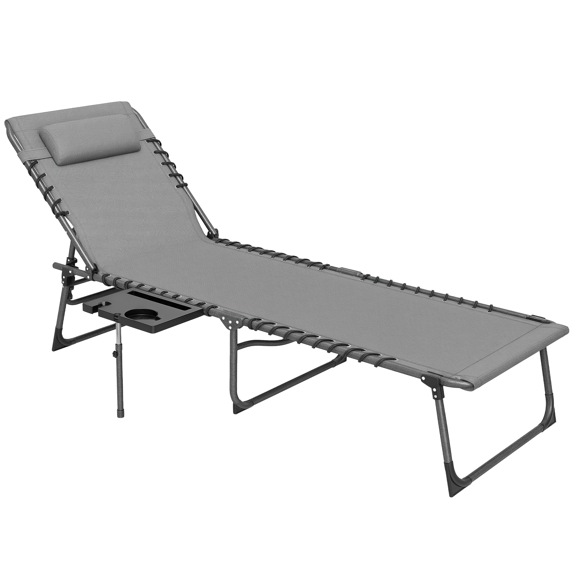 Folding Outdoor Chaise Lounge Chair Tanning Chair with 5-Level Adjustable Back, Side Table, Pillow, Pocket, Gray