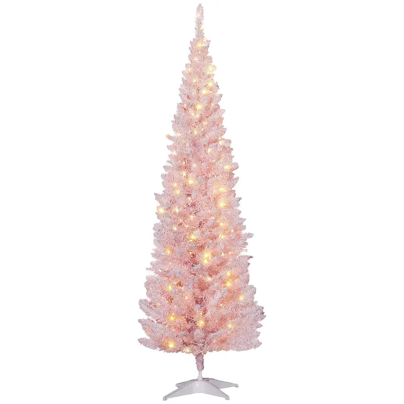 6ft Pencil Christmas Tree, Slim Artificial Christmas Tree with Realistic Branches and Warm White LED Lights, Pink