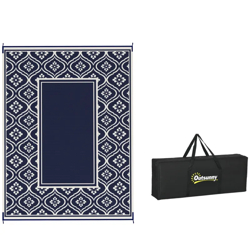 Reversible Outdoor Rug, Waterproof Plastic Straw with Carry Bag, 9' x 12', Blue & White Gourd Border