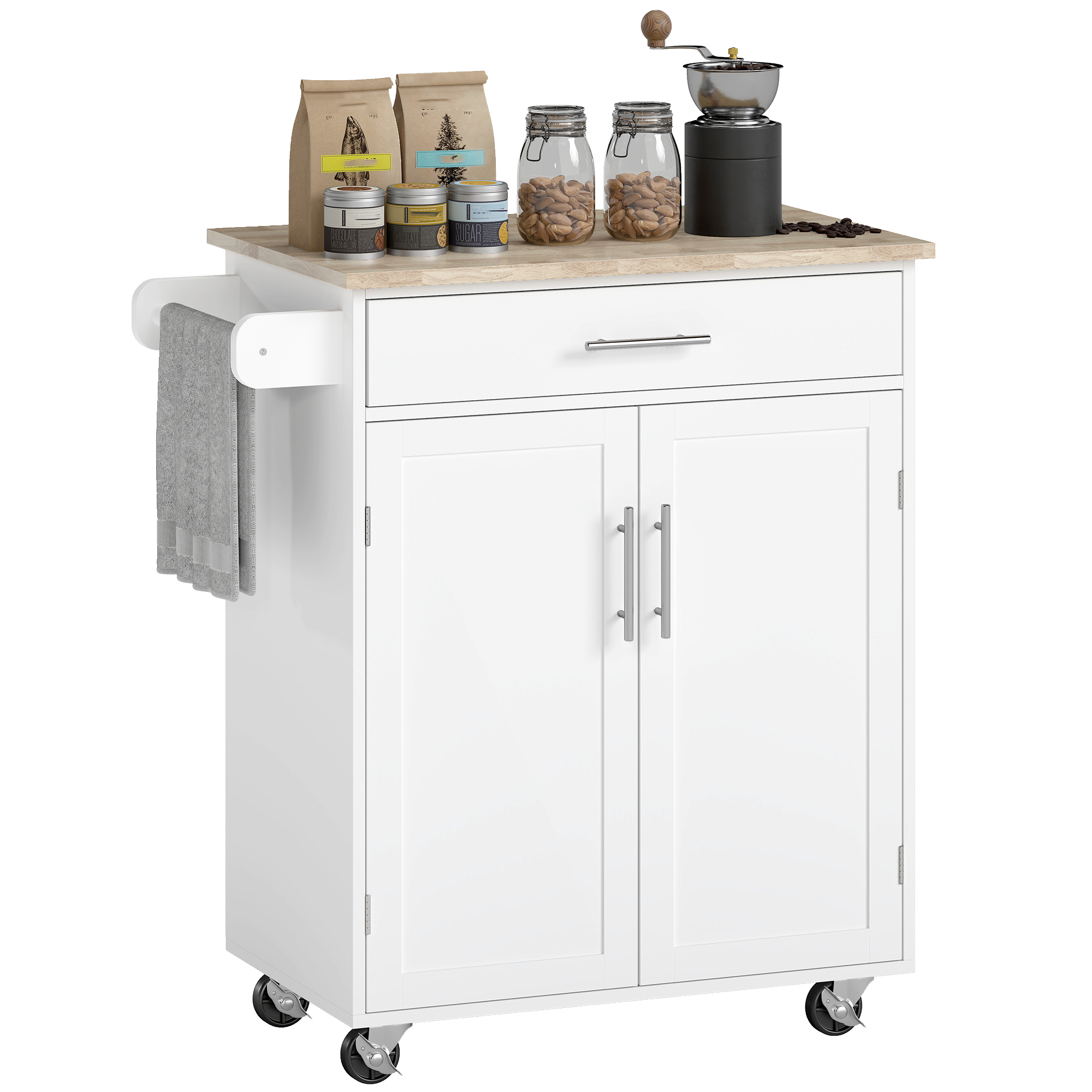 Kitchen Island Cart, Rolling Island Table with Solid Wood Top, Trolley Cart with Drawer, Storage Cabinet & Towel Rack, White