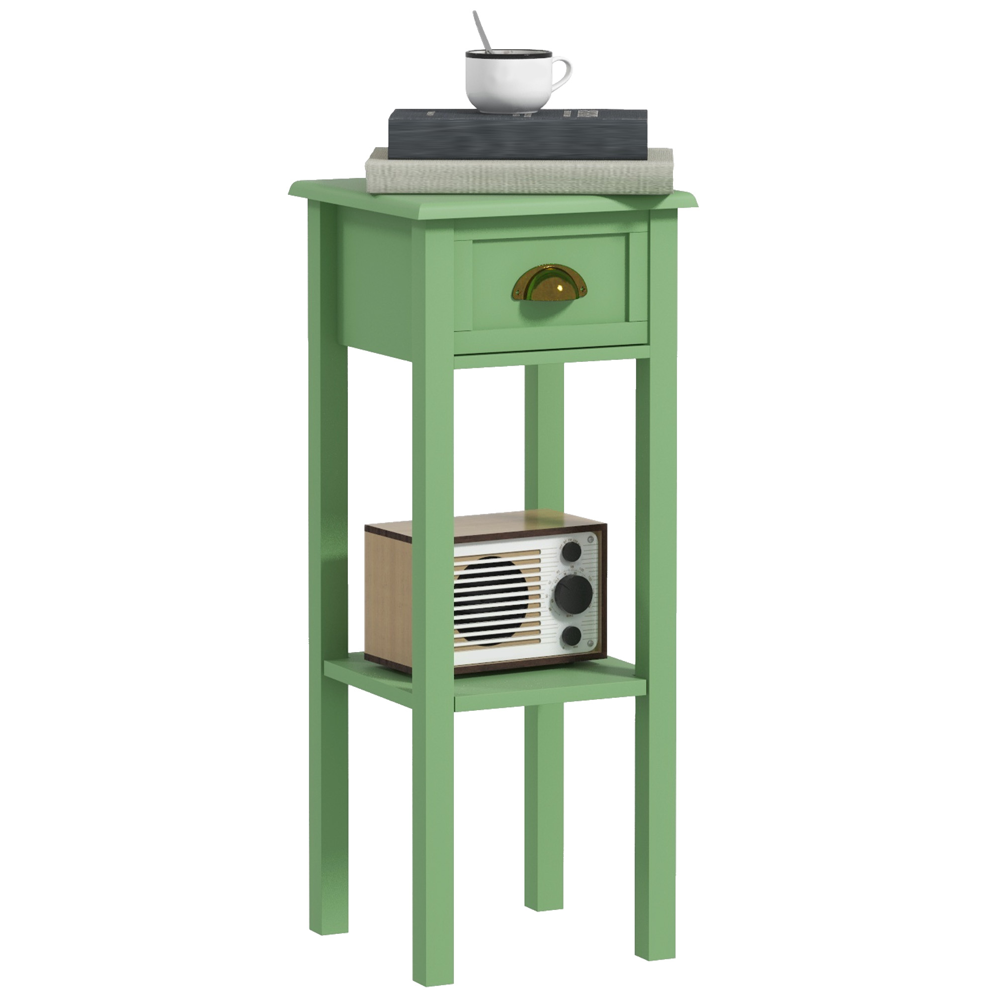 2-Tier Side Table with Drawer and Shelf, End Table for Living Room and Hallway, Green