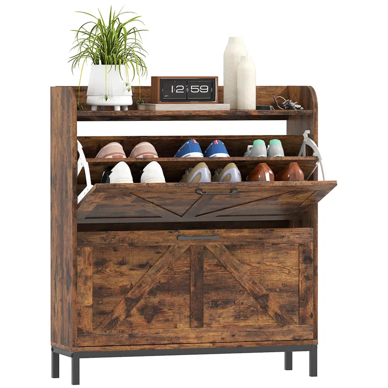 Shoe Cabinet Organizer with 2 Flip Drawers, Legs, Narrow Shoe Storage Cabinet for Entryway, Hallway, Rustic Brown