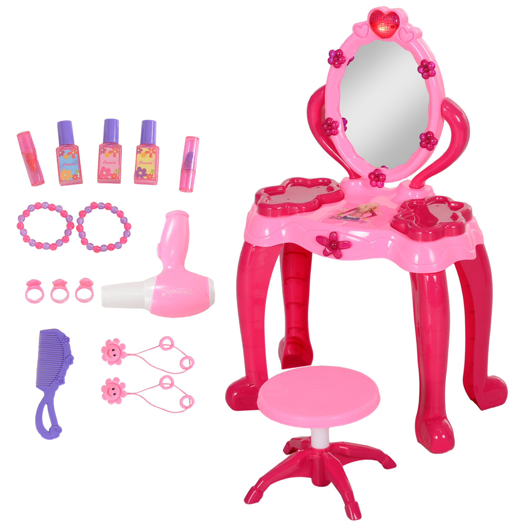 Kids Vanity Set with Mirror and Stool, Light and Sound, 15 Accessories, Pink