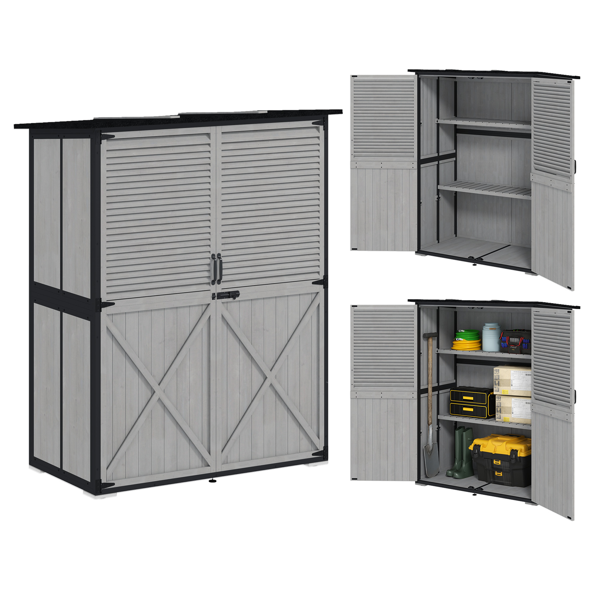 Wood Storage Shed, Outdoor Garden Shed with Asphalt Roof, 2 Shelves, Lockable Doors and Adjustable Feet, Gray