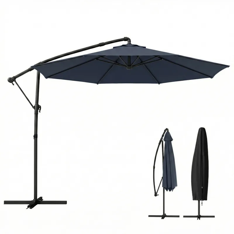 10 ft Offset Patio Umbrella with Cover, Hanging Cantilever Umbrella with 360° Rotation, Crank Handle, Tilt, Navy Blue