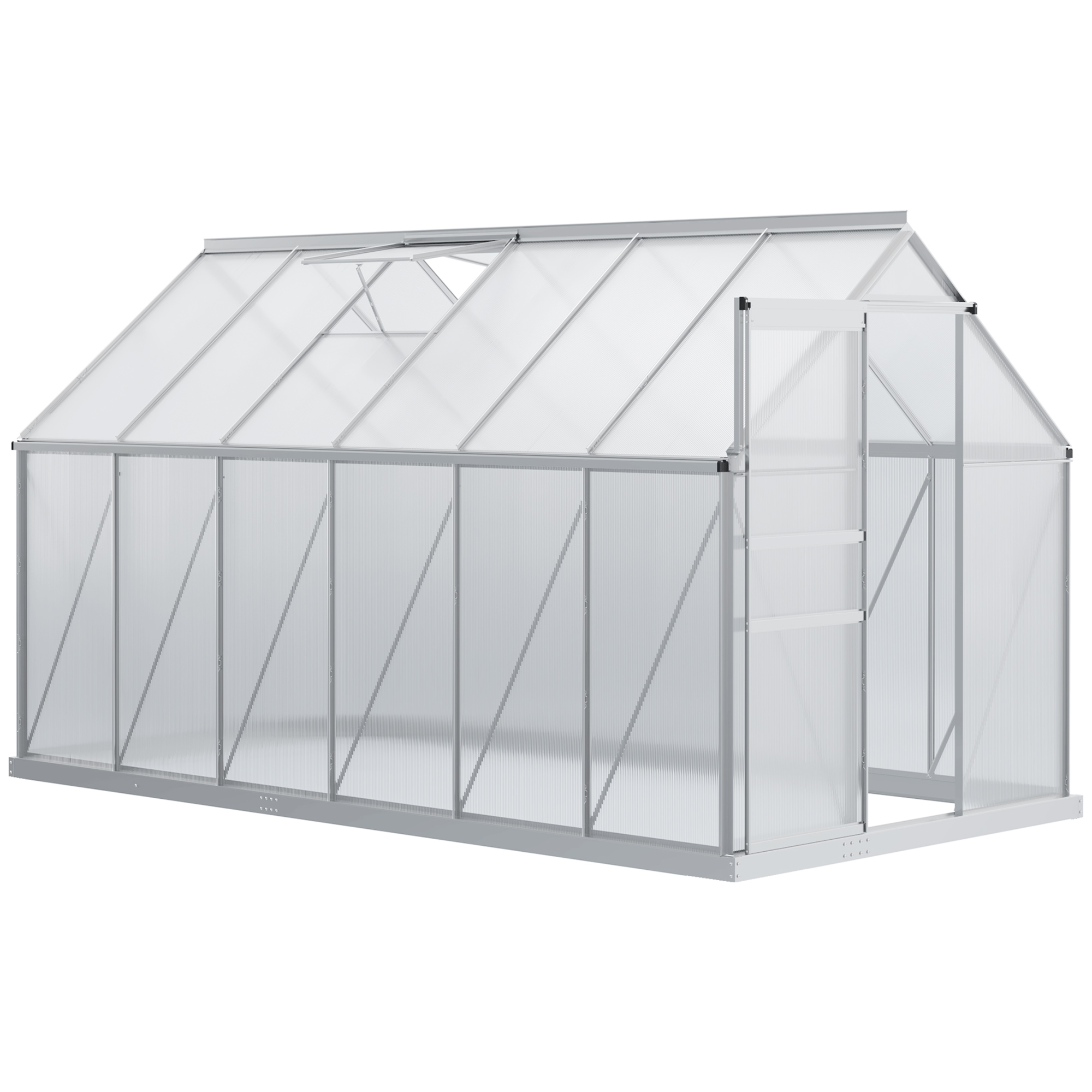 12' x 6' x 6.5' Polycarbonate Greenhouse with Aluminum Frame, Walk-in Heavy Duty Green House with Adjustable Roof Vent, Rain Gutter and Sliding Door for Winter, Silver