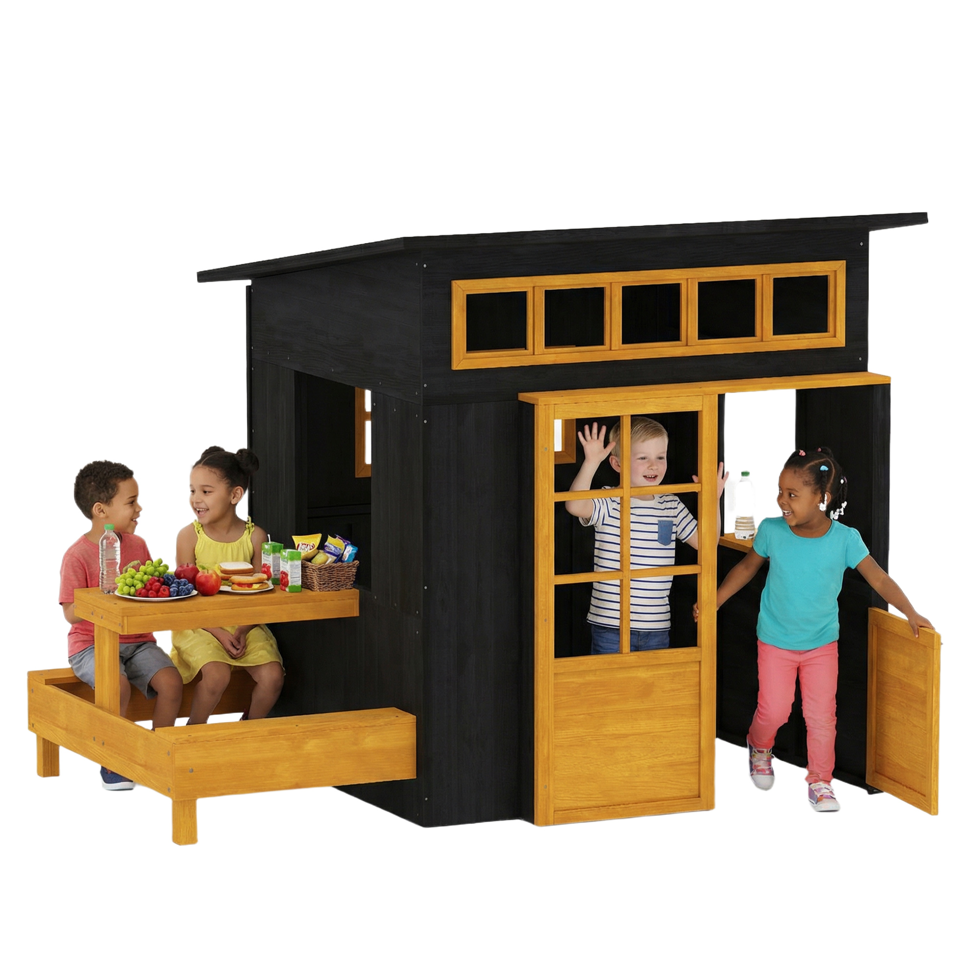 Outdoor Playhouse, Wooden Kids Playhouse w/ Picnic Table & Benches, Chalkboards, Half Door, Windows, for Kids Ages 3-8