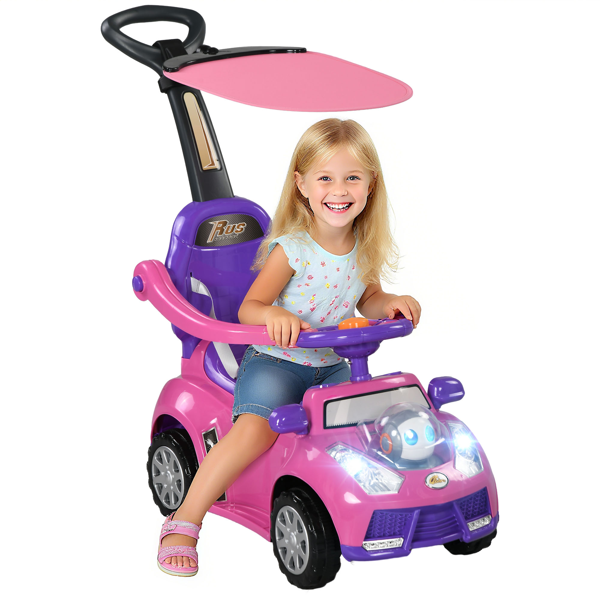 3 in 1 Push Car Sliding Car with Removable Handle, Music, Horn, Canopy, Safety Guardrail, Pink