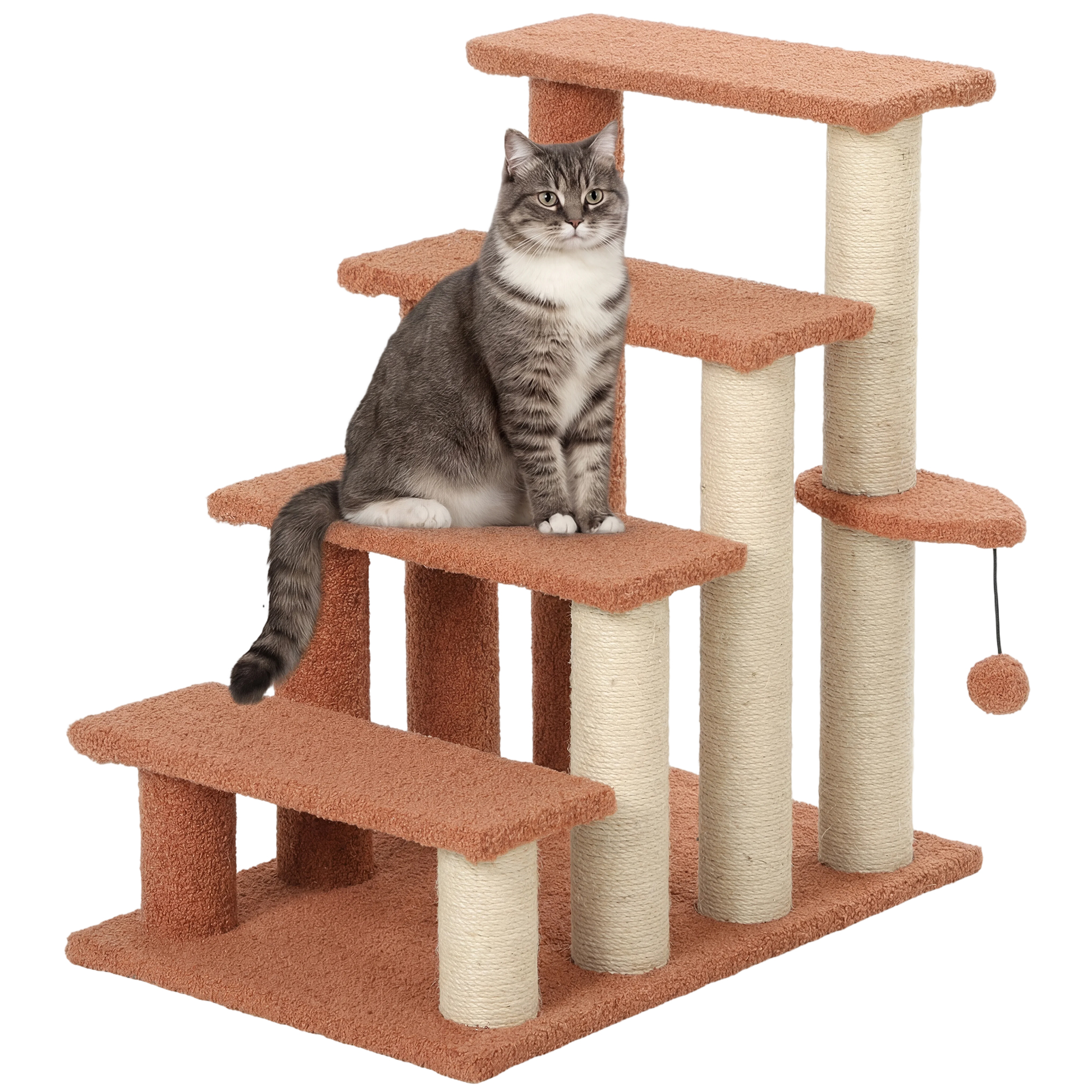 4 Levels Cat Steps with Scratching Posts for High Bed, Sofa, Brown
