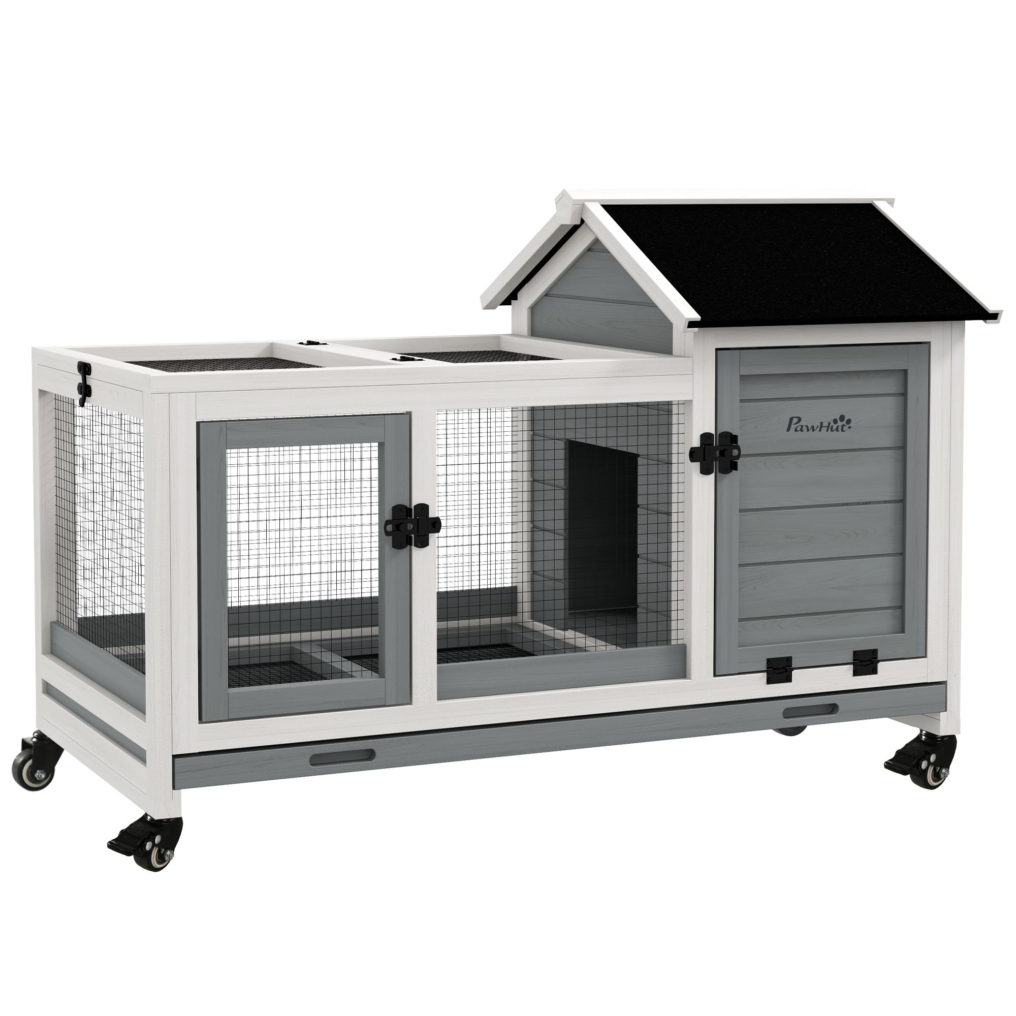Wooden Rabbit Hutch with Wheels, Run, Slide-out Tray for Small Animals, Guinea Pig, Blue