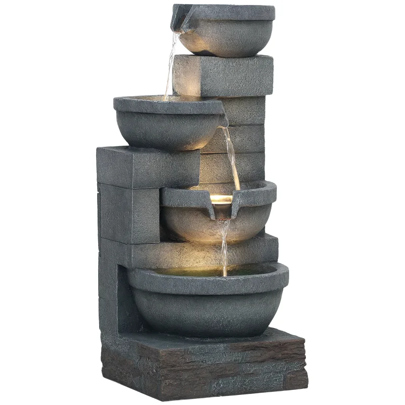 30" Tall Outdoor Waterfall Fountain with LED Lights, 4-Tier Resin Cascading Water Bowls with Pump, Gray
