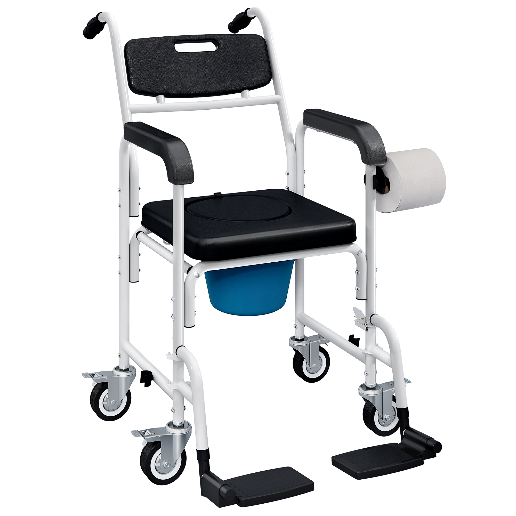 Rolling Shower Wheelchair for Seniors, Bedside Commode Chair with Locking Wheels, Seat, Backrest, Arms, Black