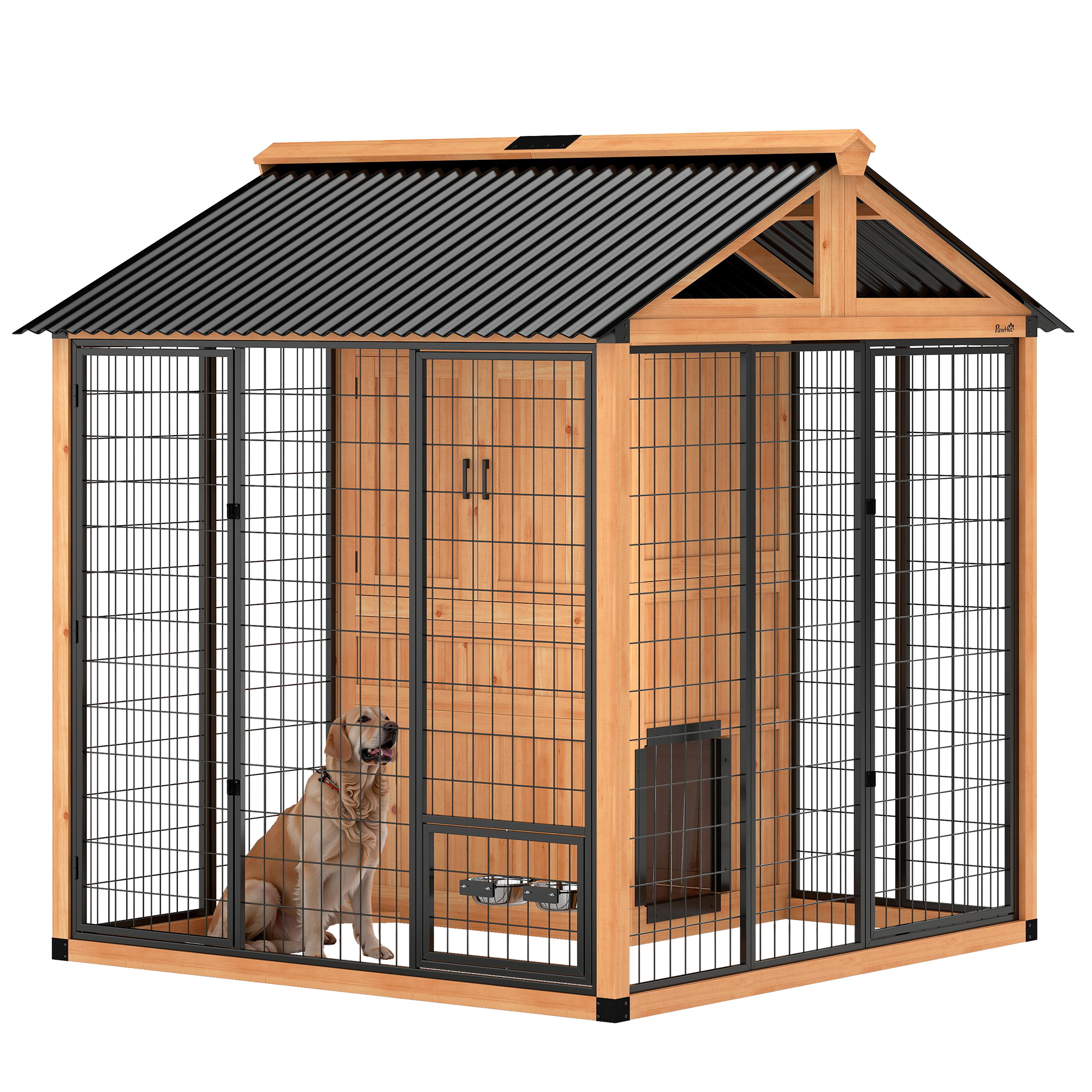 7' x 6' Extra Large Dog House, Wood Outdoor Dog Kennel with Storage Cabinet, Stainless Steel Bowls, Light Yellow