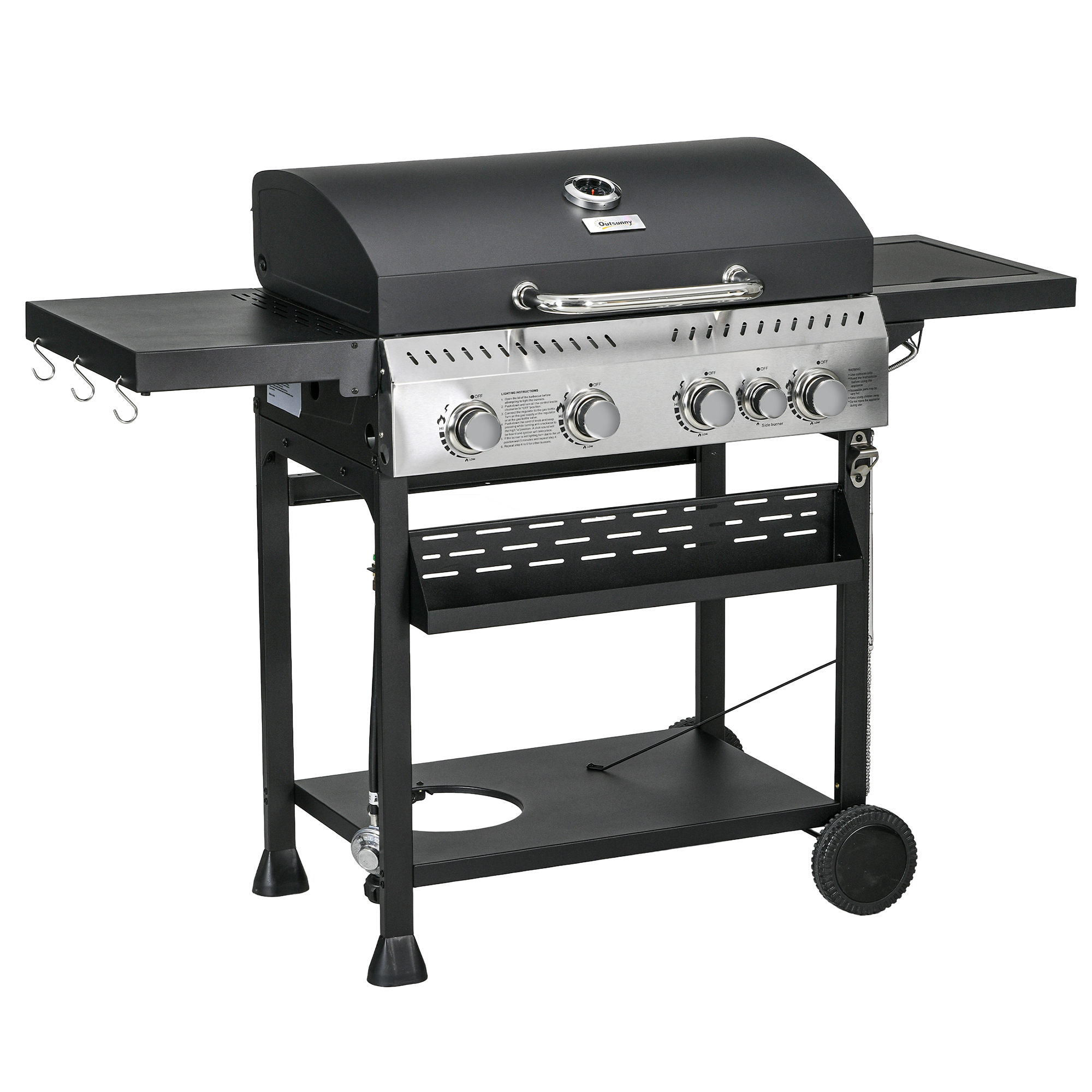4 Burner Propane Gas Grill with Side Burner, 40,000 BTU Outdoor Barbeque with Shelves, Thermometer, Bottle Opener, Black