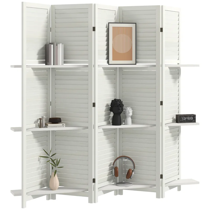 5 Panel 67" Tall Wood Privacy Screen Room Divider with 3 Shelves and Folding Storage for Bedroom, White