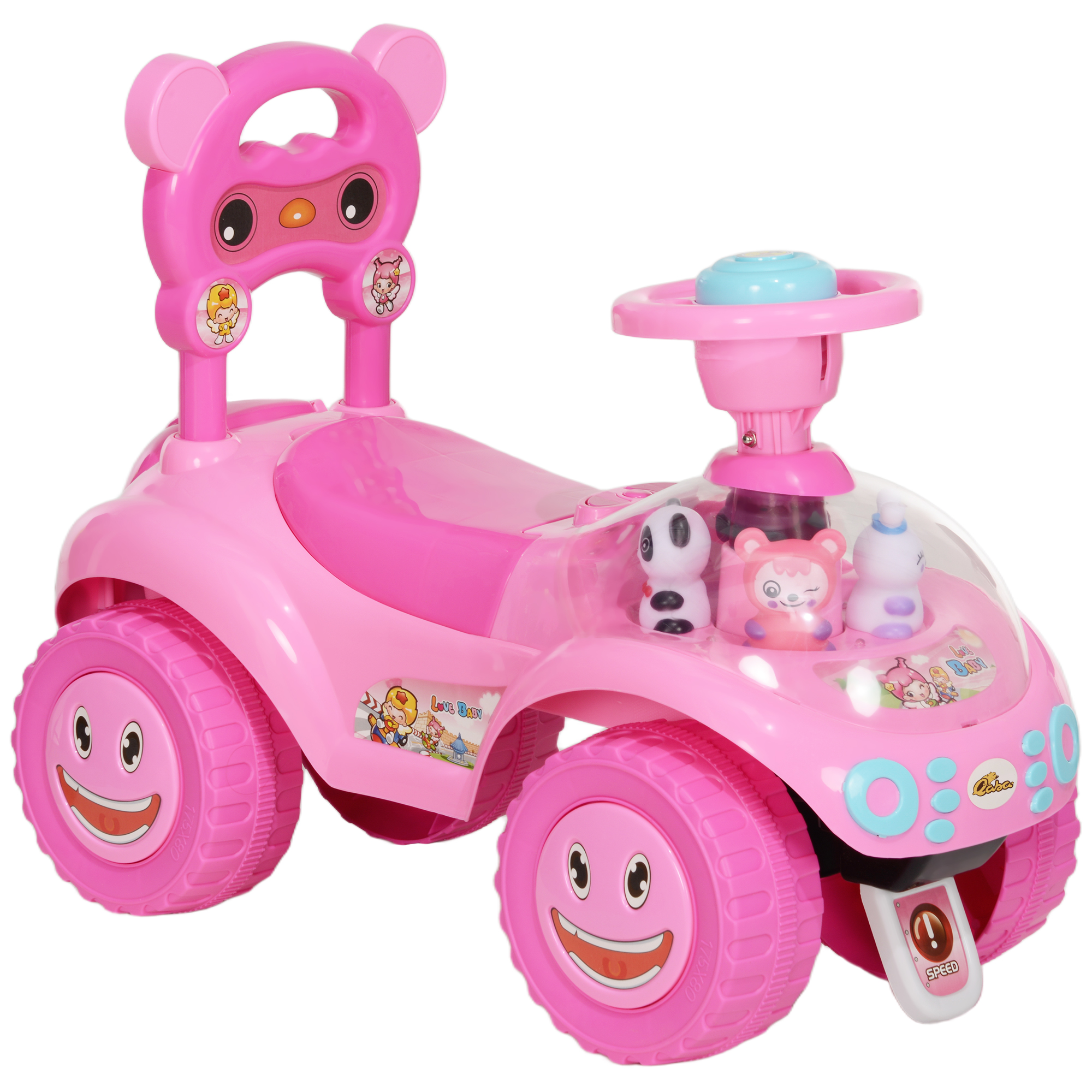 Foot to Floor Toddler Push Car w/ Horn, Light, Music, Anti-Over-Backwards Device & Underseat Storage, Pink
