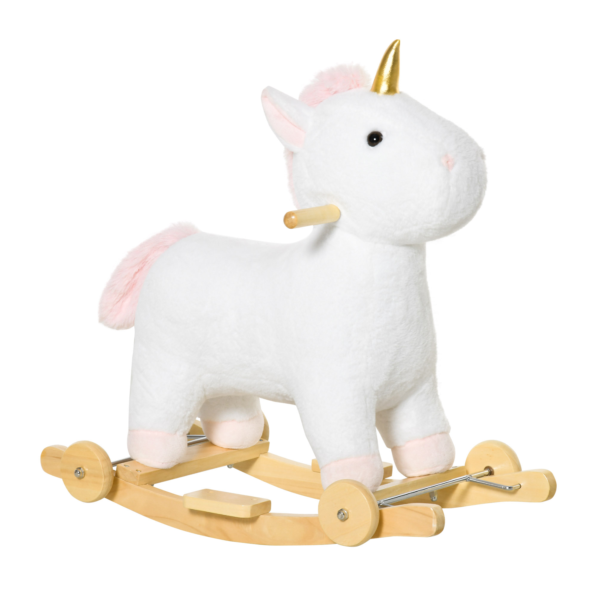 2 in 1 Kids Rocking Horse, Rolling Unicorn with Sound, Wooden Base, Pedal, Grip Handle, for 3-6 Years Old, White