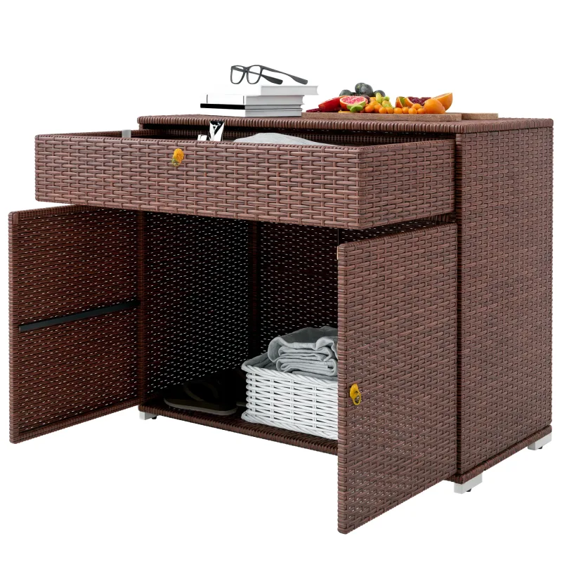 Outdoor Storage Cabinet, Waterproof PE Rattan Cabinet with Drawer for Indoor, Outdoor Swimming Pool, Mixed Brown