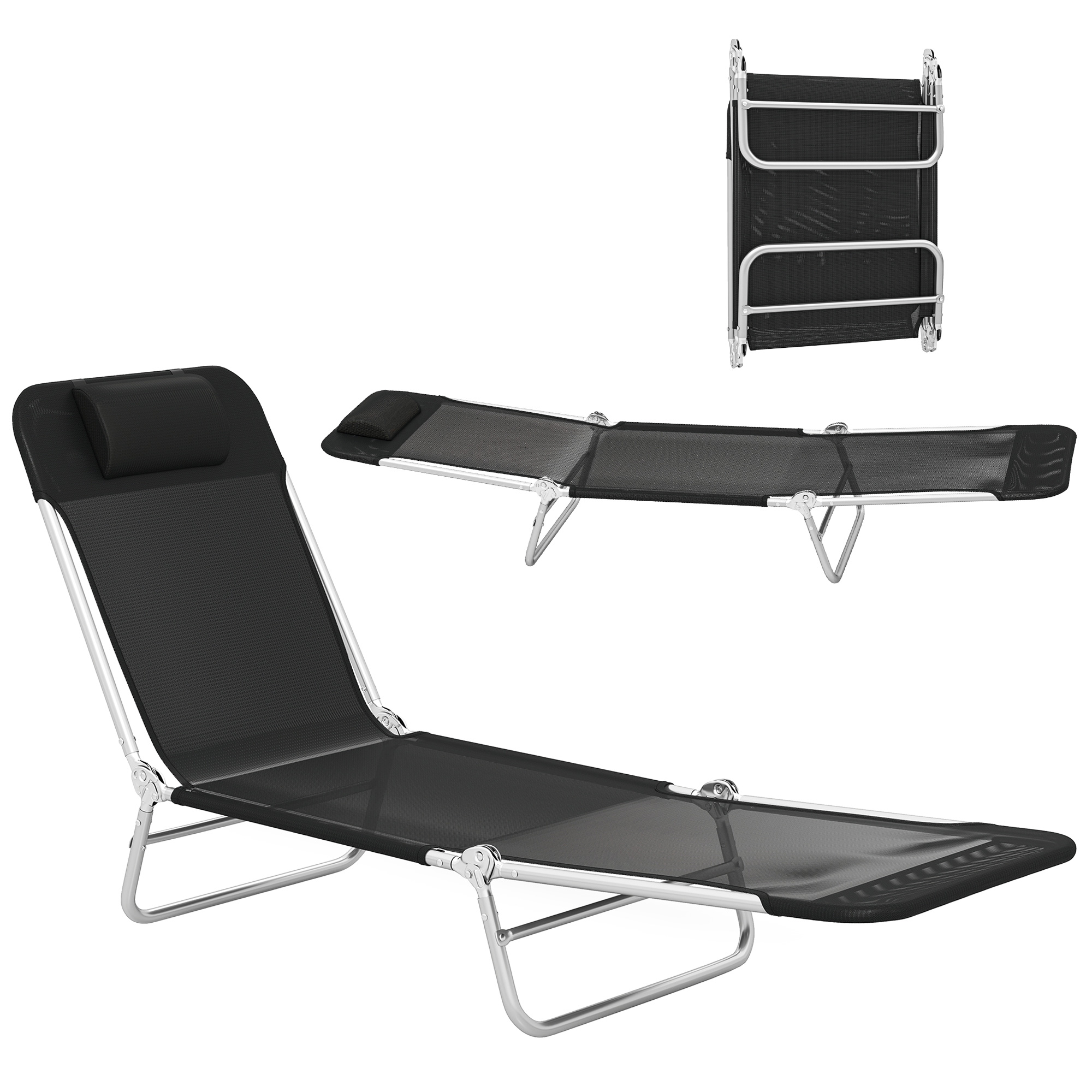 Folding Chaise Lounge Chair, Portable Tanning Chair with Adjustable Backrest, Pillow for Beach Poolside Patio, Black