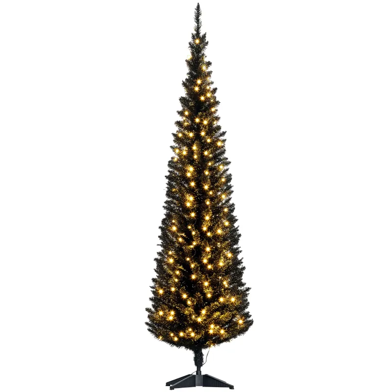 6ft Pencil Christmas Tree, Slim Artificial Christmas Tree with Realistic Branches and Warm White LED Lights, Black