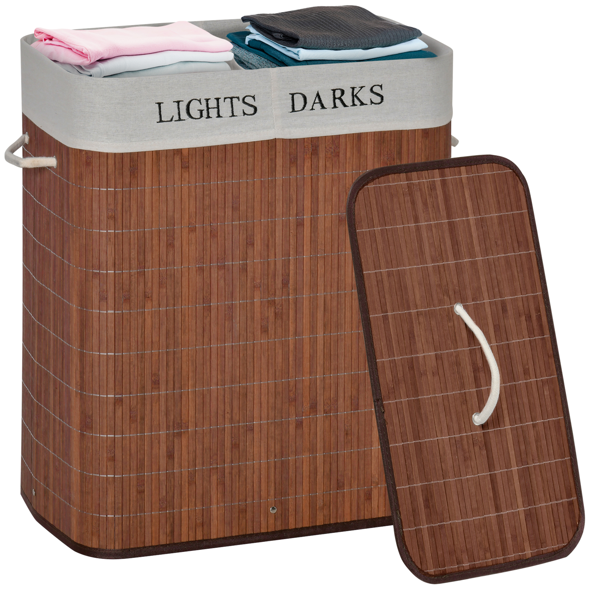 Bamboo Laundry Basket with Lid and String Handles, Collapsible Laundry Hamper with 2 Removable Bags, Brown