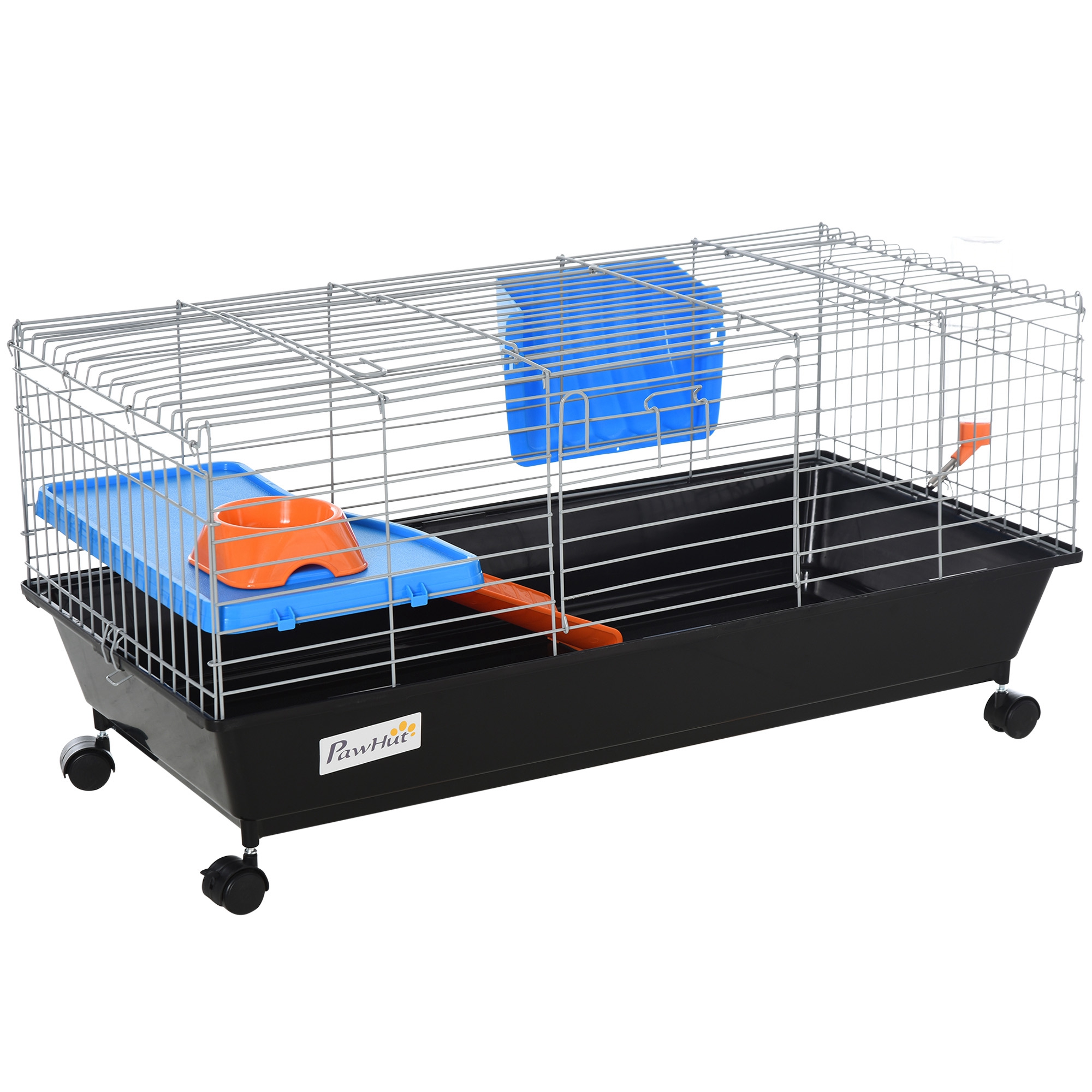 35"L Small Animal Cage with Food Dish, Water Bottle, Hay Feeder, Platform, Ramp for Chinchilla, Black