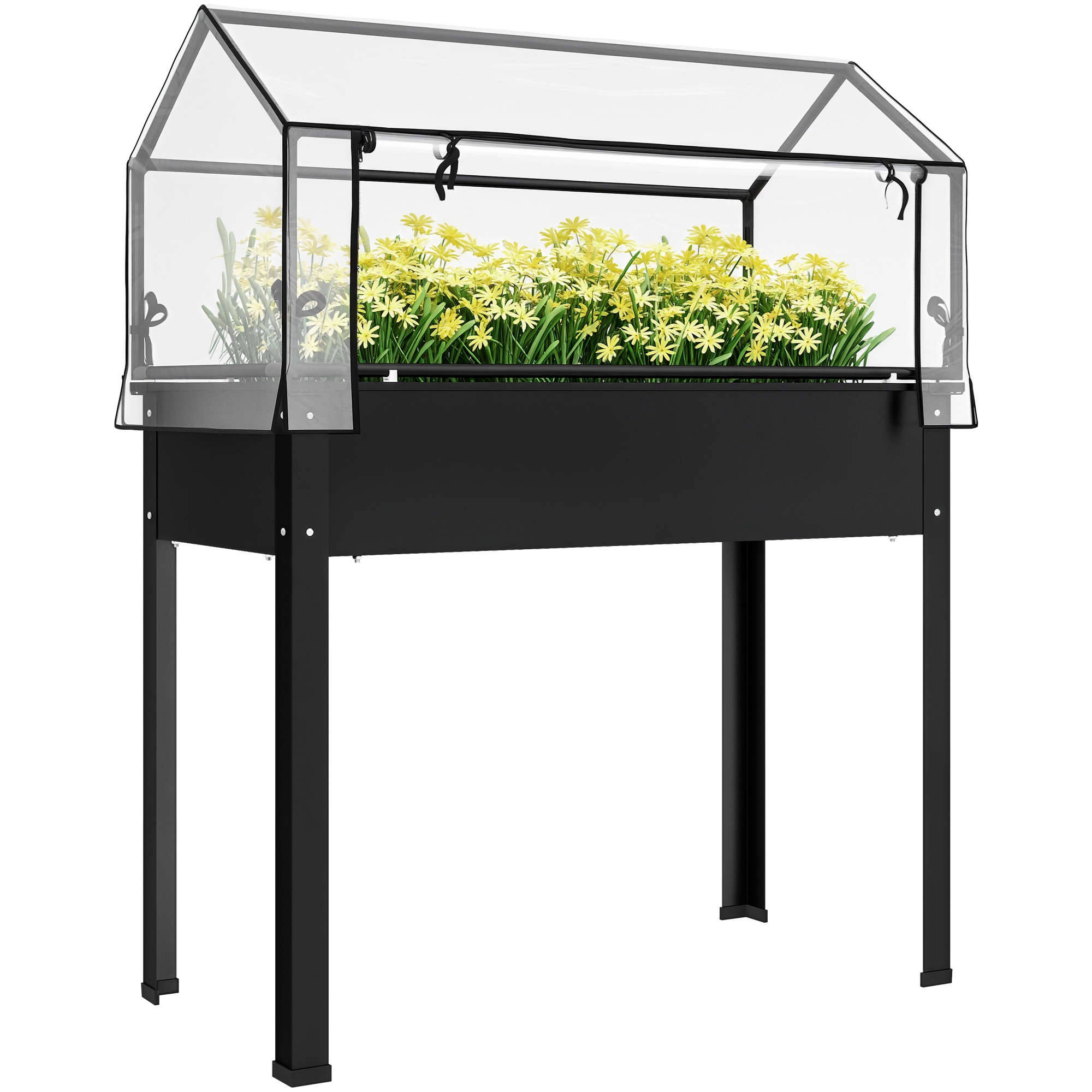 Elevated Garden Box with Greenhouse Cover, Raised Garden Bed with Legs and Drainage Hole for Vegetables, Black