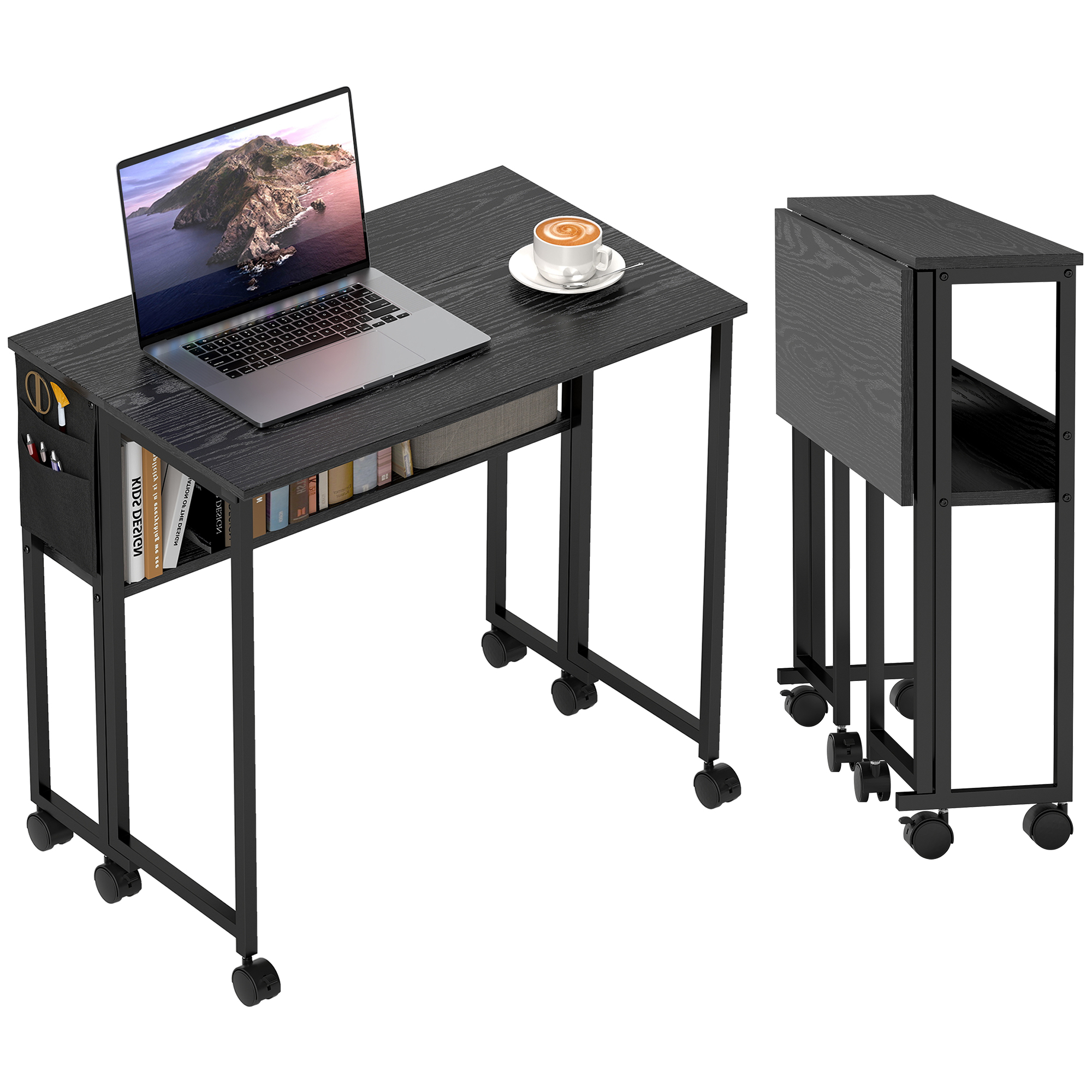 Folding Computer Desk, Foldable Desk with Storage Bag, Shelf and Wheels for Small Spaces, Home Office, Black