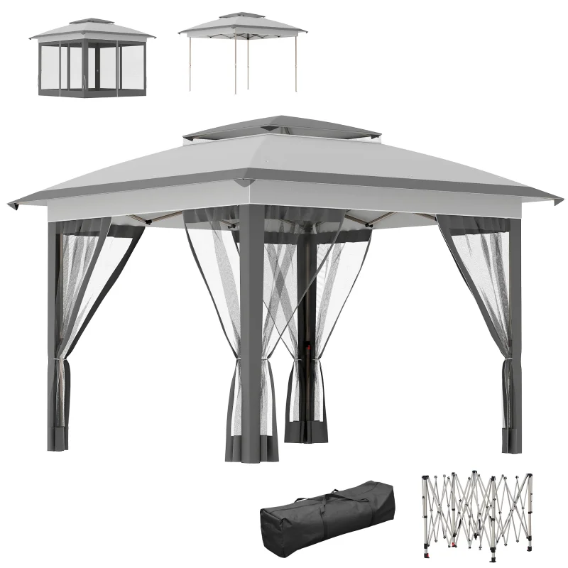 12' x 12' Pop Up Canopy Tent with Netting and Carry Bag, Instant Sun Shelter with 137 sq.ft Shade, Tents for Parties, Height Adjustable, for Outdoor, Garden, Patio, Gray
