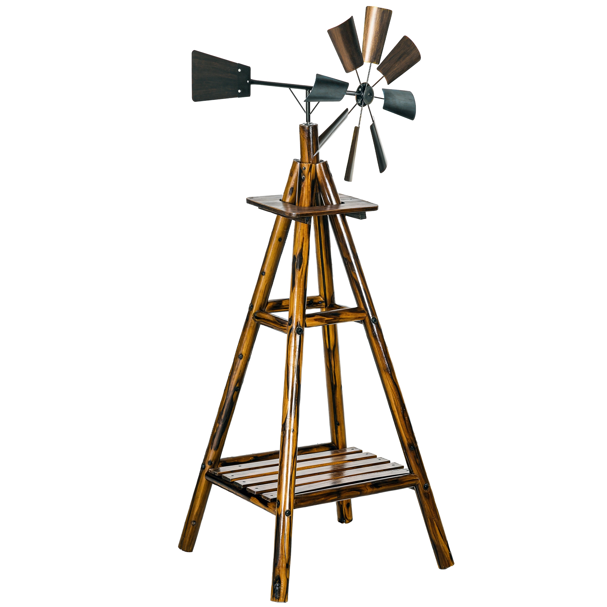 Windmill Weather Vane, Wind Vane with Bottom Shelf, Steel Windmill Head, Stained Wood