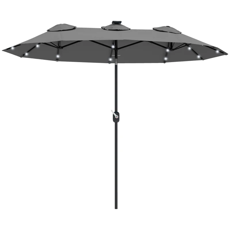 Double-sided Patio Umbrella, 9.7' Outdoor Umbrella with Tilt and Crank, LED Solar Light and 12 Ribs, Gray