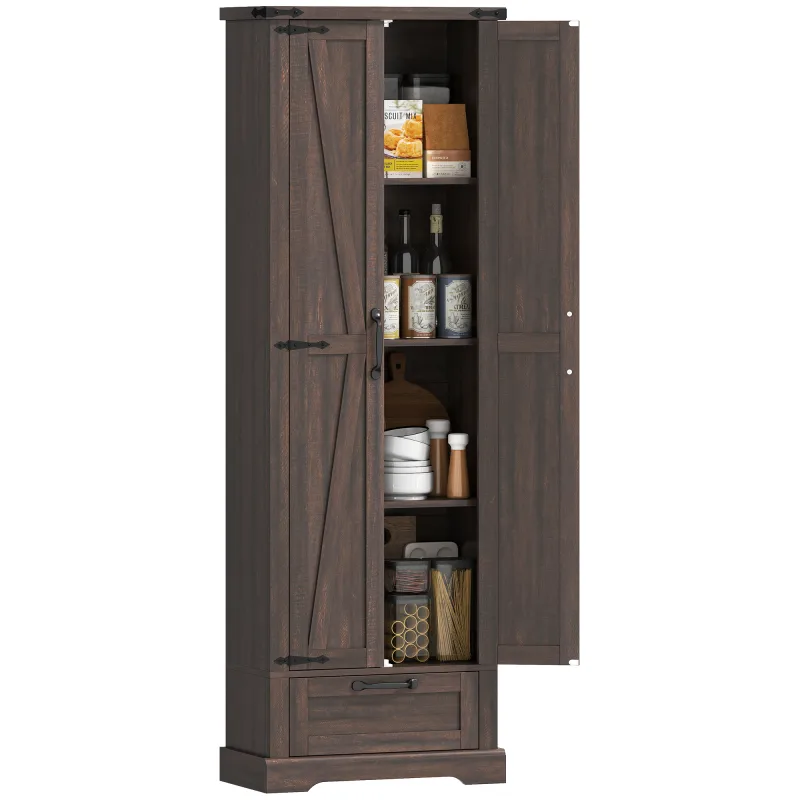 71" Pantry Cabinet, Kitchen Storage Cabinet with Adjustable Shelves, Barn Doors and Drawer for Dining Room, Brown