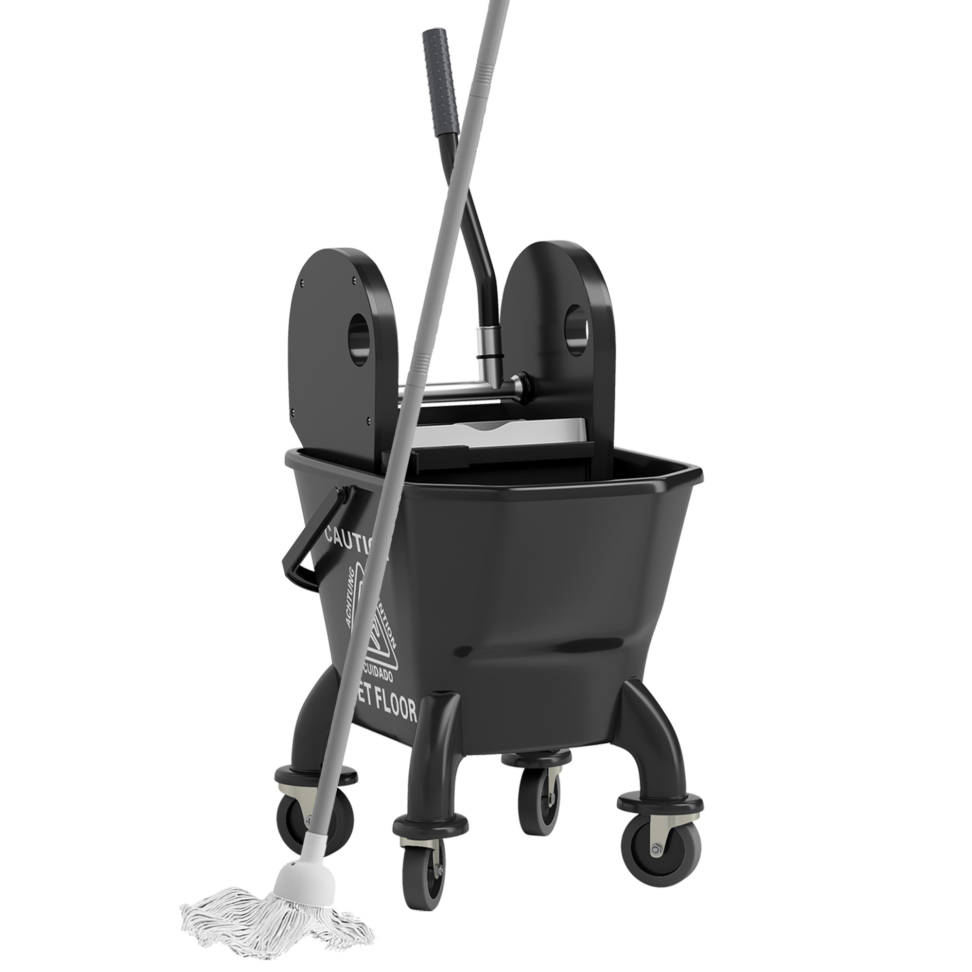 Mop Bucket with Wringer on Wheels for Floor Cleaning, 27.5 Quart Down Press Wringer with Handle and Mop, Black