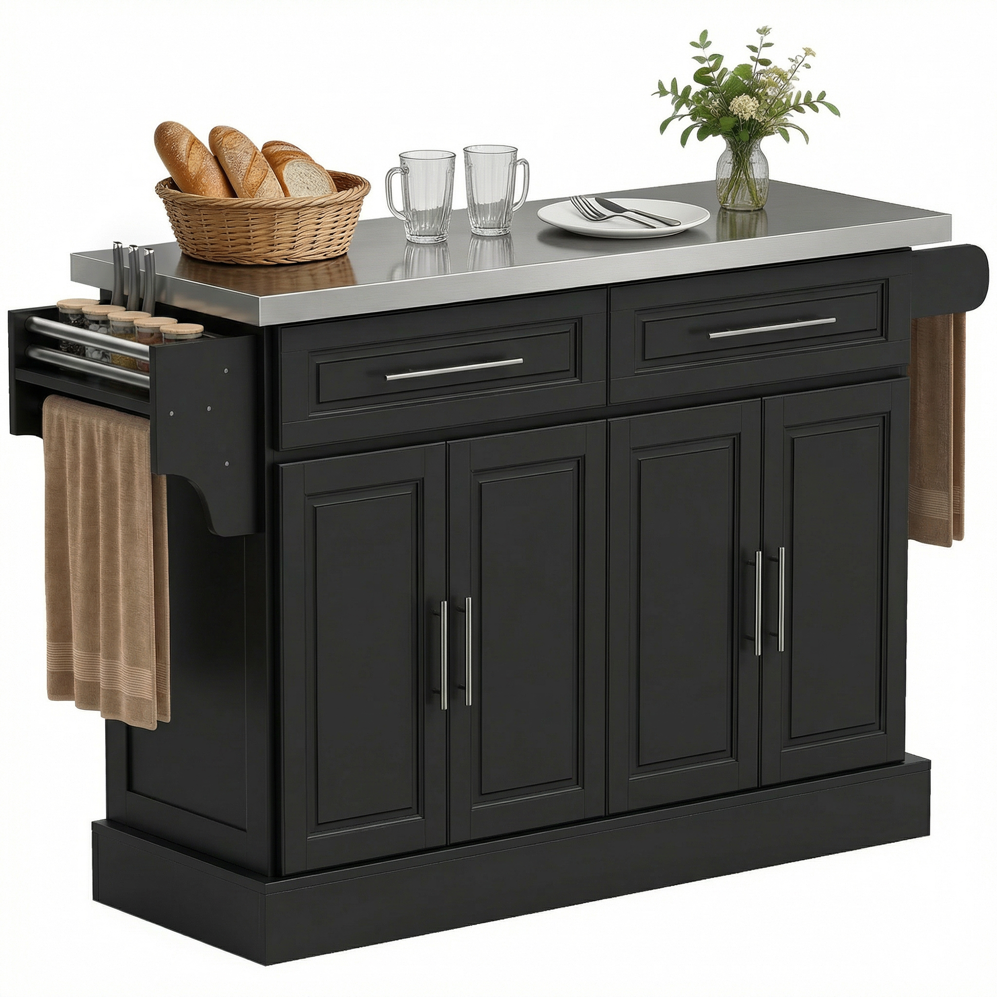 Rolling Kitchen Island Cart with 47" Stainless Steel Top, Portable Island Table for Kitchen with Wheels, Adjustable Shelves, 2 Drawers, Spice, Knife and Towel Rack, Black