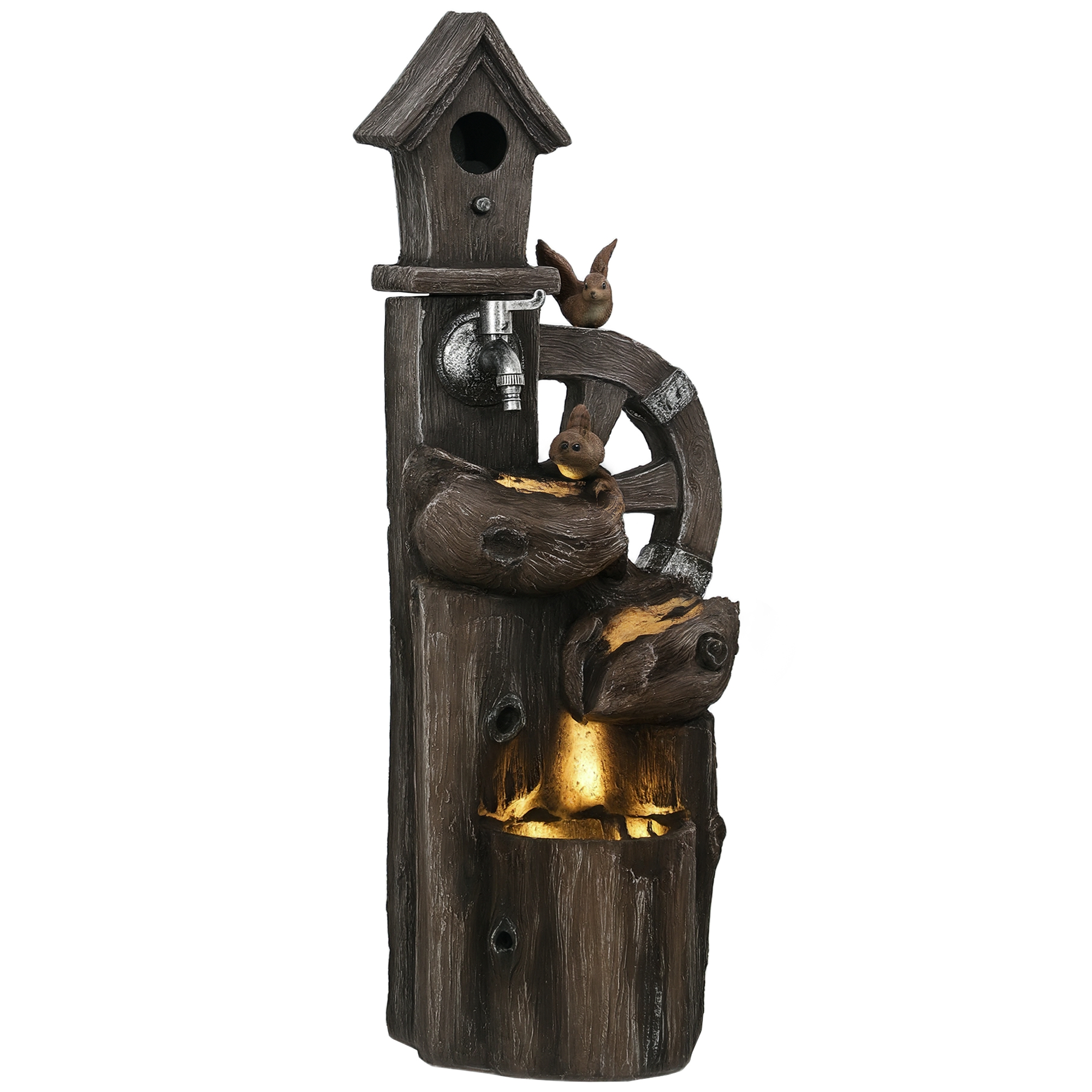 Outdoor Water Fountain, Decorative Garden Birdhouse, 3-Tier Cascading Waterfall with LED Lights and Water Wheel, Soothing Tranquility for Home Garden, Yard Decor