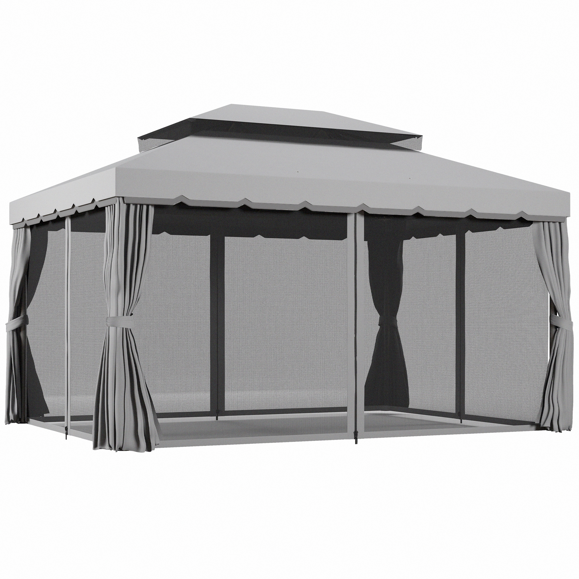 10' x 13' Patio Gazebo w/ Aluminum Frame Double Roof, Outdoor Gazebo Canopy Shelter with Netting & Curtains, Gray