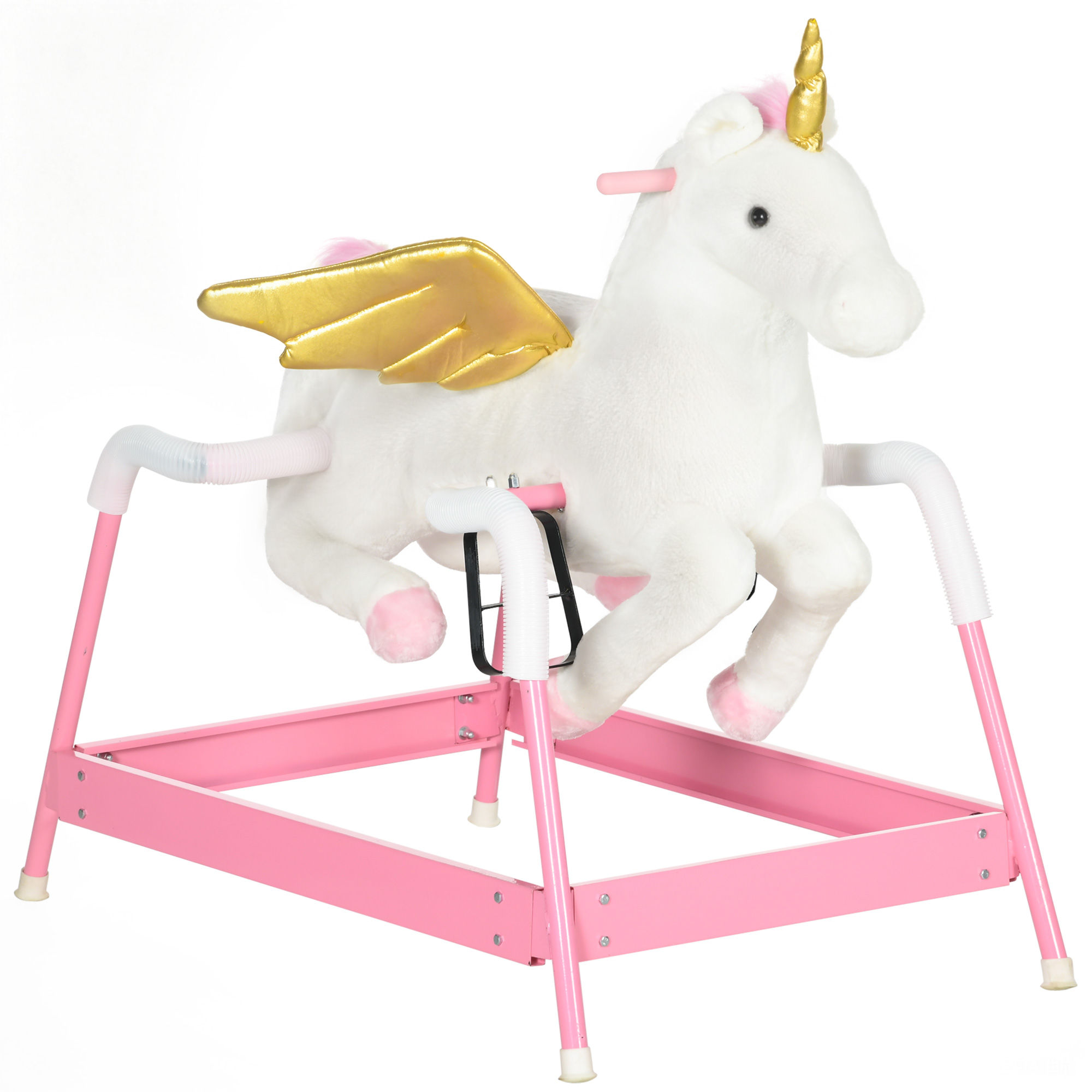 Kids Spring Rocking Horse Unicon, Ride on Horse for Girls and Boys with Sounds, Plush Animal Ride-on Toy with Soft Feel, Interactive Toy for Kids, Pink