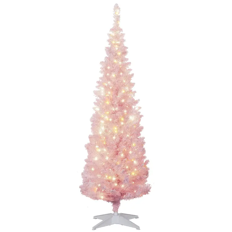 5ft Pencil Christmas Tree, Slim Artificial Christmas Tree with Snow Flocked Branches and Warm White LED Lights, Pink