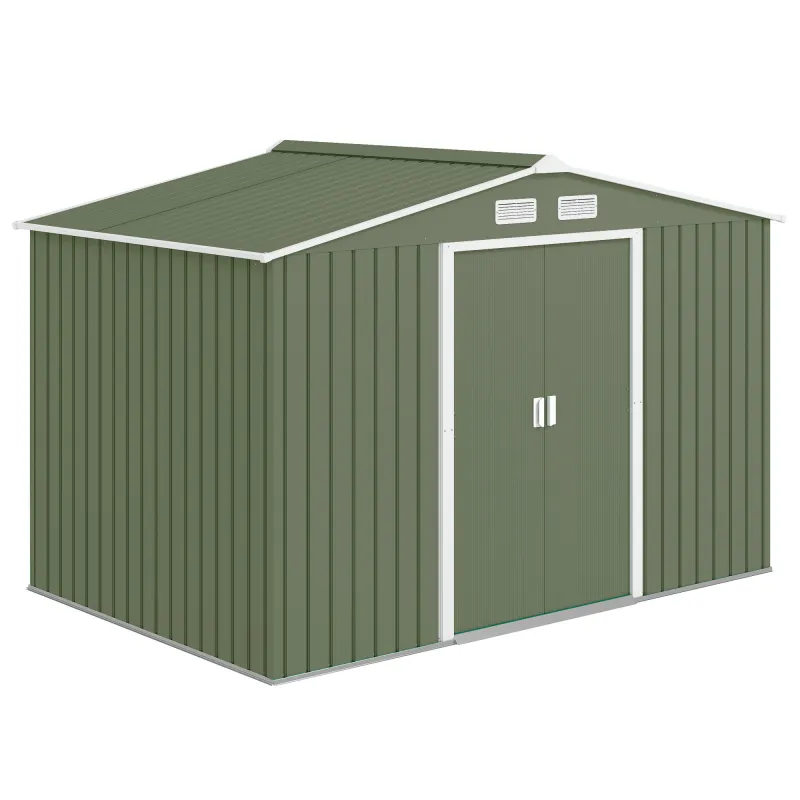  9' x 6' Outdoor Storage Shed, Garden Tool Metal Shed with Foundation Kit, Double Lockable Door, Air Vents and Sloping Roof, for Backyard, Patio, Lawn, Green