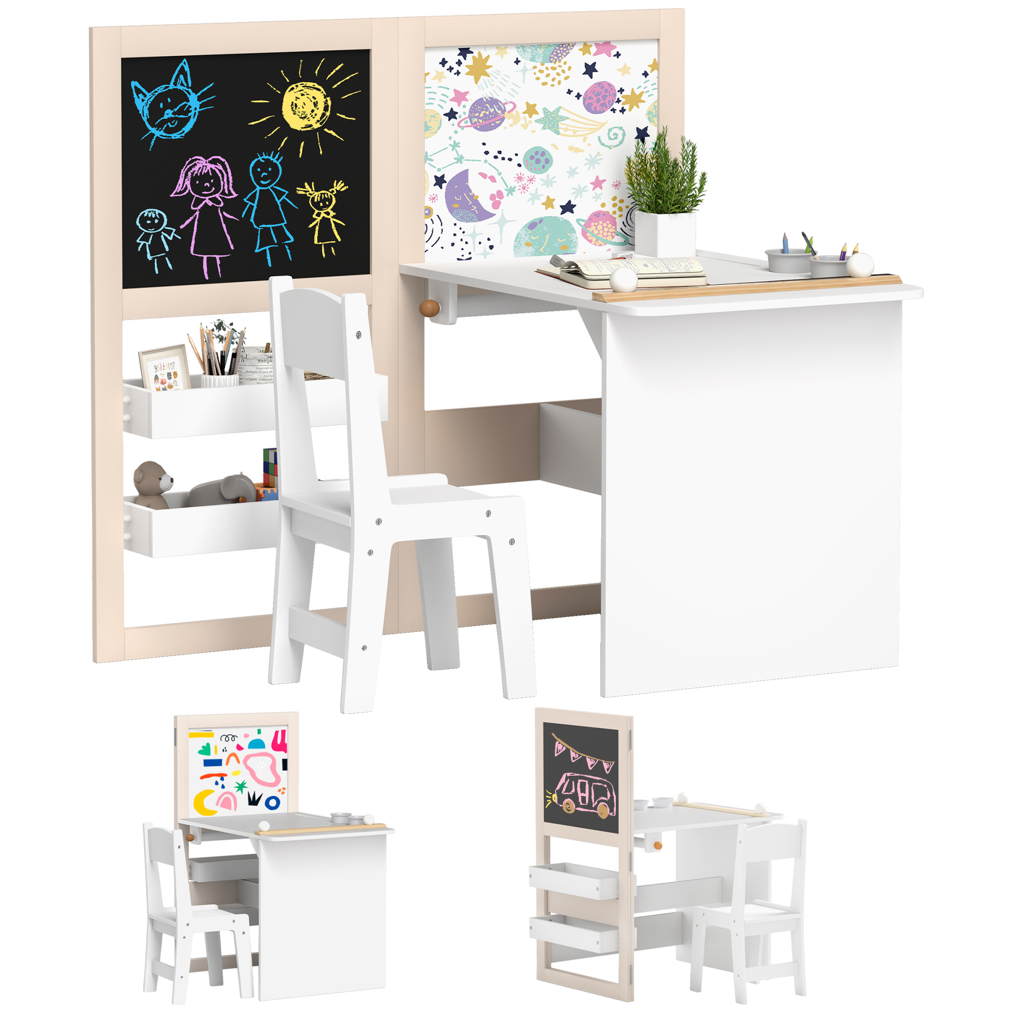 3 in 1 Kids Table and Chair Set with Storage, Whiteboard, Blackboard & Roll Paper for 3-8 Years, White