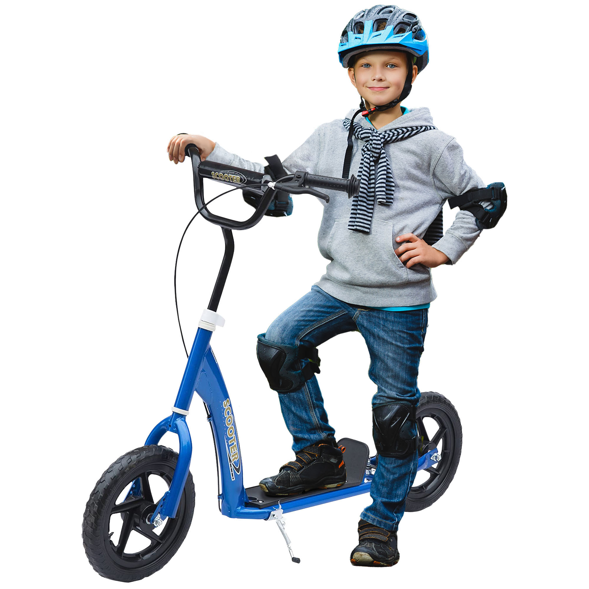 Kick Scooter for Kids 5-12 Years Old with Adjustable Height Handlebar, Non-slip Footplate, Big Wheels, Rear Brake, Blue