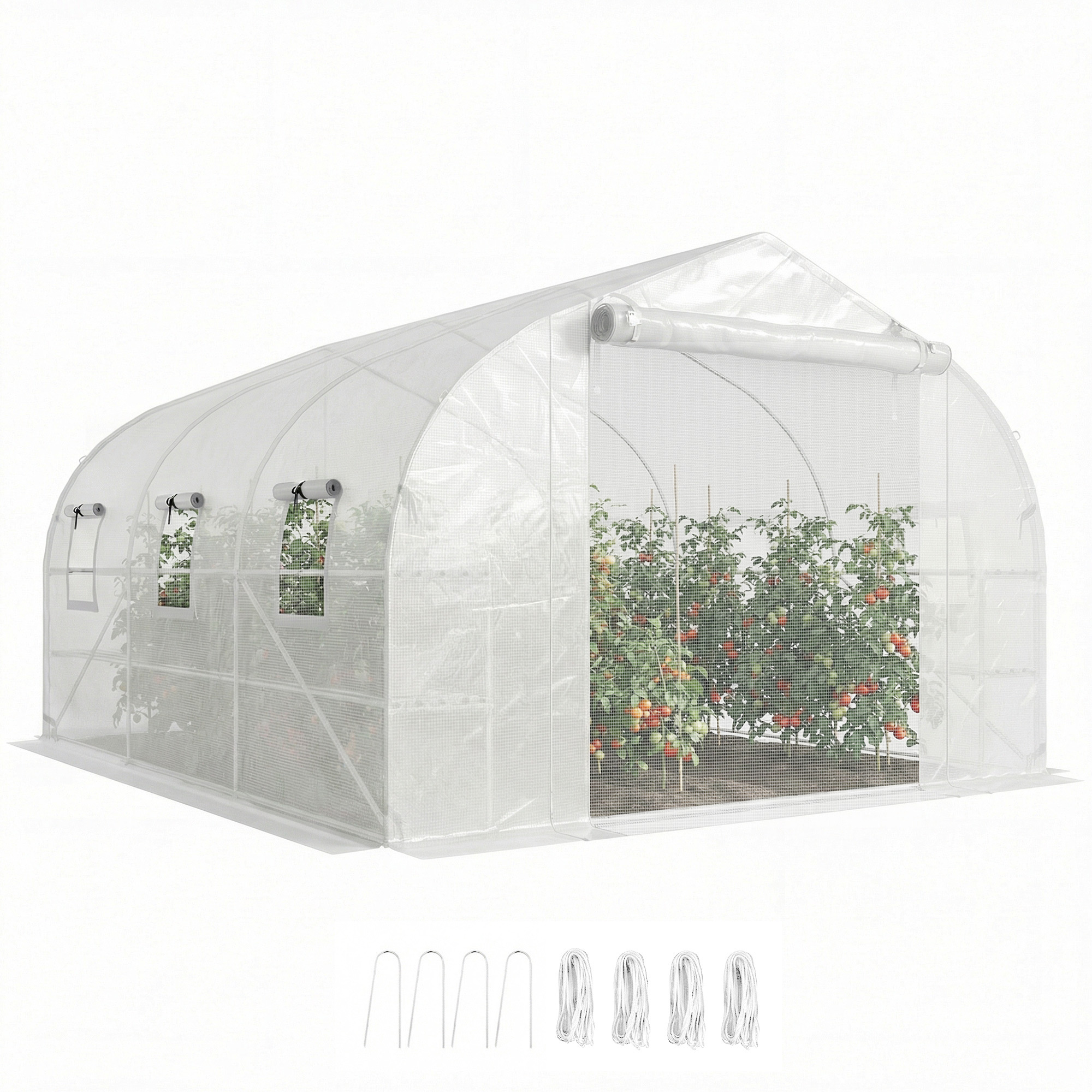10'x11'x6' Walk-in Tunnel Greenhouse with Shelves, Mesh Door and Windows, Plant Hot House with PE Cover, White