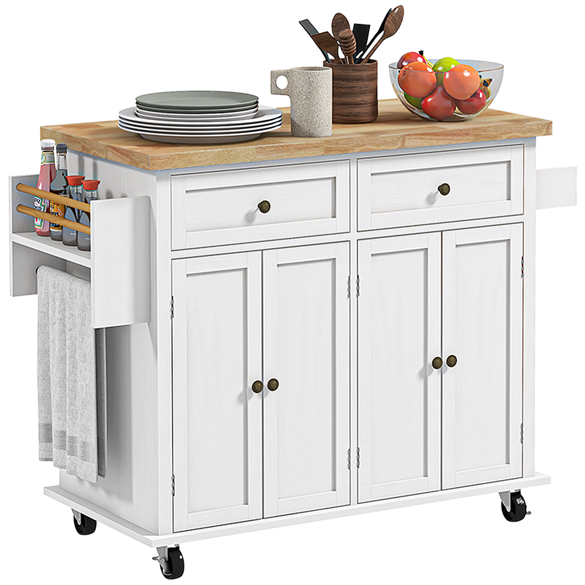 Modern Rolling Kitchen Island Cart with Spice Rack, Distressed White