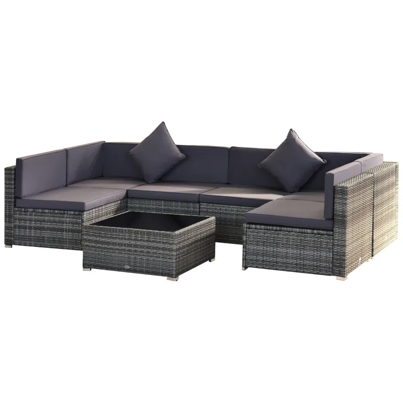  7 Piece Patio Furniture Set, Wicker Outdoor Sectional Sofa Set, All Weather PE Rattan Outdoor Furniture Conversation Sets with Cushions, Glass Top Coffee Table, Pillows, Gray